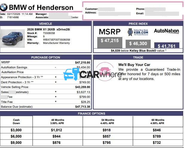 Redacted 2026 BMW X1 xDrive28i deal sheet from BMW of Henderson in Henderson, NV — what a verified buyer paid