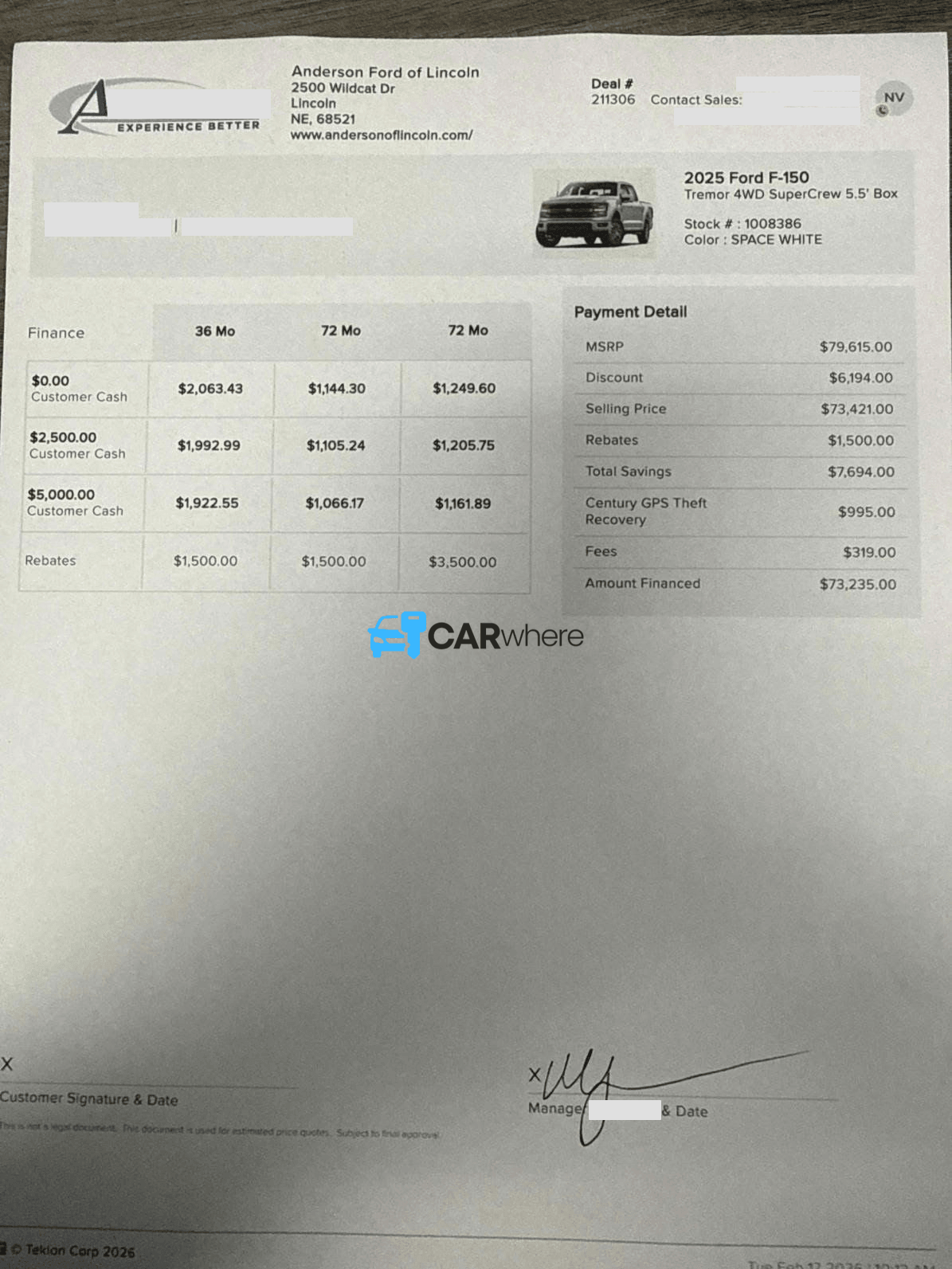 Redacted 2025 FORD F-150 Tremor 4WD 5.5' Box deal sheet from Anderson Ford of Lincoln in Lincoln, NE — what a verified buyer paid