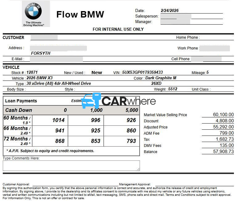 Redacted 2026 BMW X3 30 () deal sheet from Flow BMW of Winston-Salem in Winston Salem, NC — what a verified buyer paid