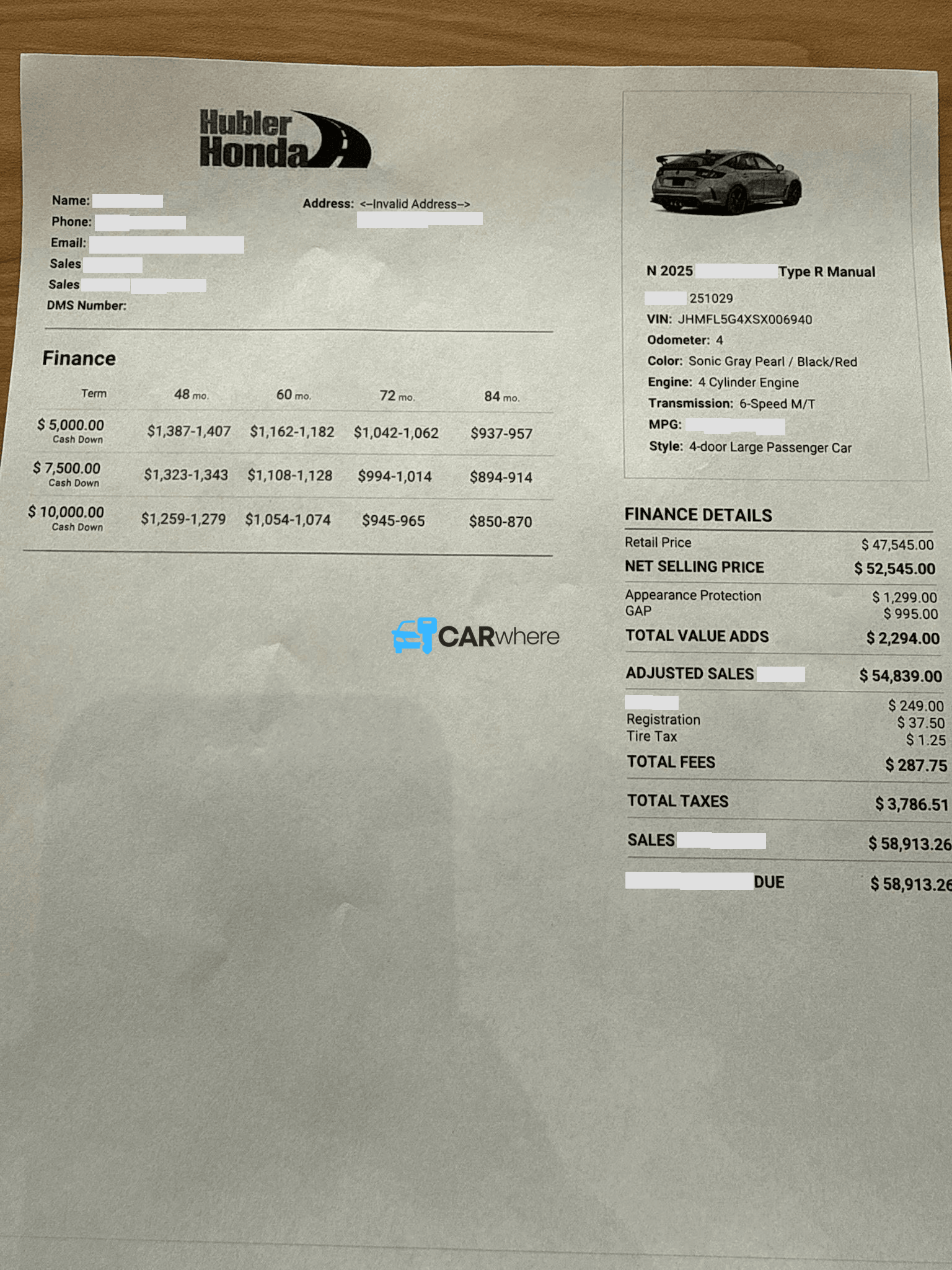 Redacted 2025 Honda Civic Type R Manual deal sheet from Hubler Honda in Taylorsville, IN — what a verified buyer paid