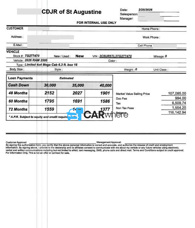 Redacted 2026 RAM 2500 Limited Mega 6.3 Ft. Box 16 deal sheet from Hanania CDJR of St Augustine in Saint Augustine, FL — what a verified buyer paid