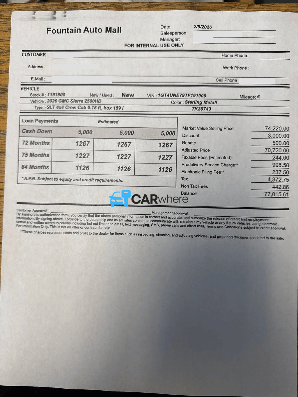 Redacted 2026 GMC Sierra 2500Hd Slt 4x4 6.75 Ft. Box 159 In deal sheet from Fountain Auto Mall in Orlando, FL — what a verified buyer paid