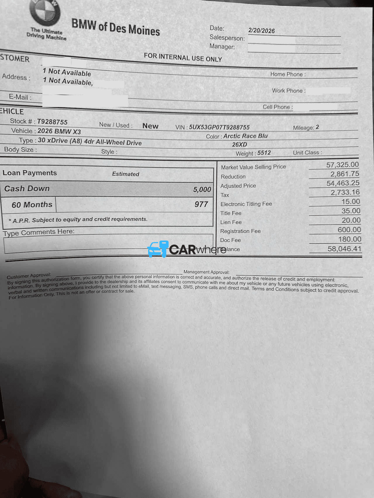 Redacted 2026 BMW X3 30 Xdrive (a8) All-wheel Drive deal sheet from BMW of Des Moines in Des Moines, IA — what a verified buyer paid