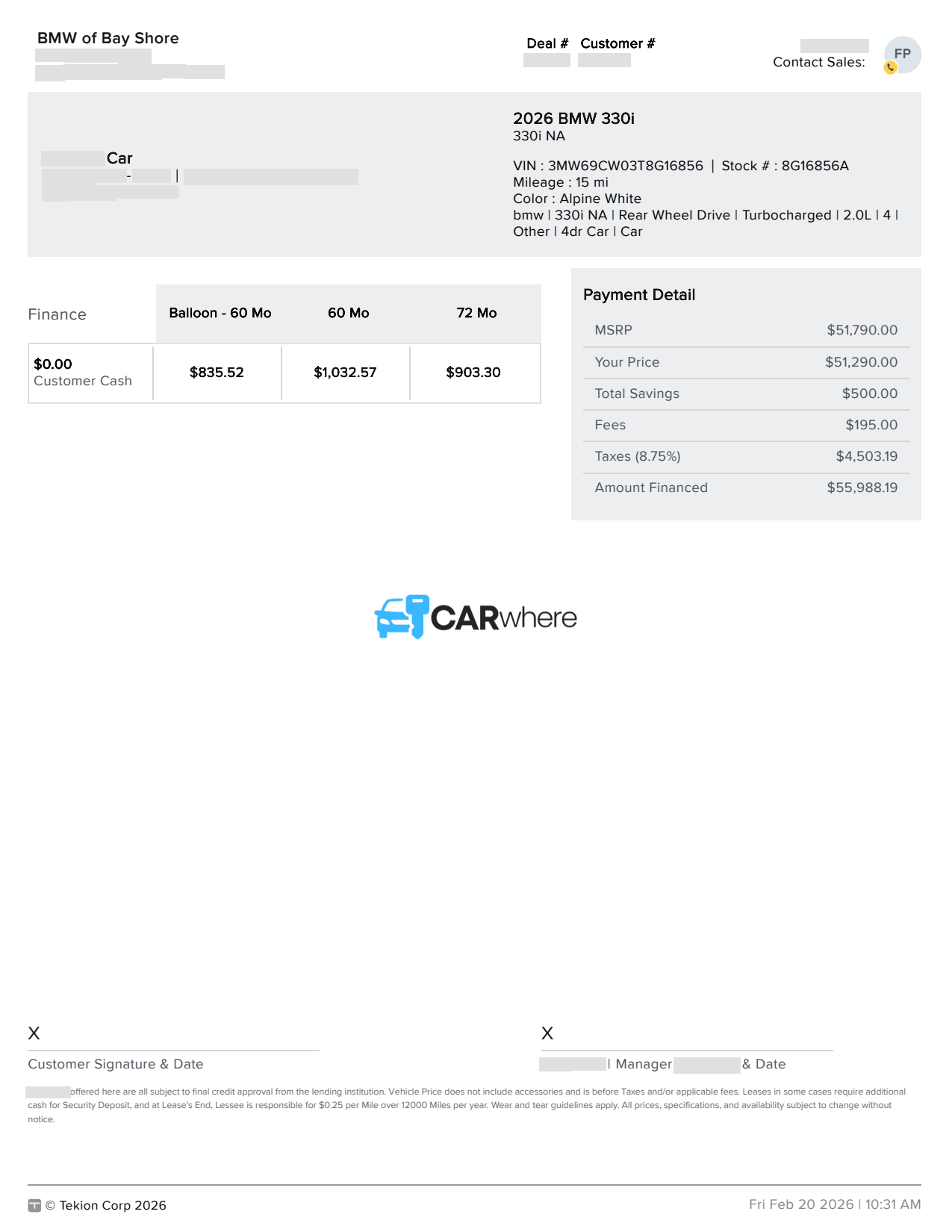 Redacted 2026 BMW 3 Series 330i Na deal sheet from BMW of Bay Shore in Bay Shore, NY — what a verified buyer paid