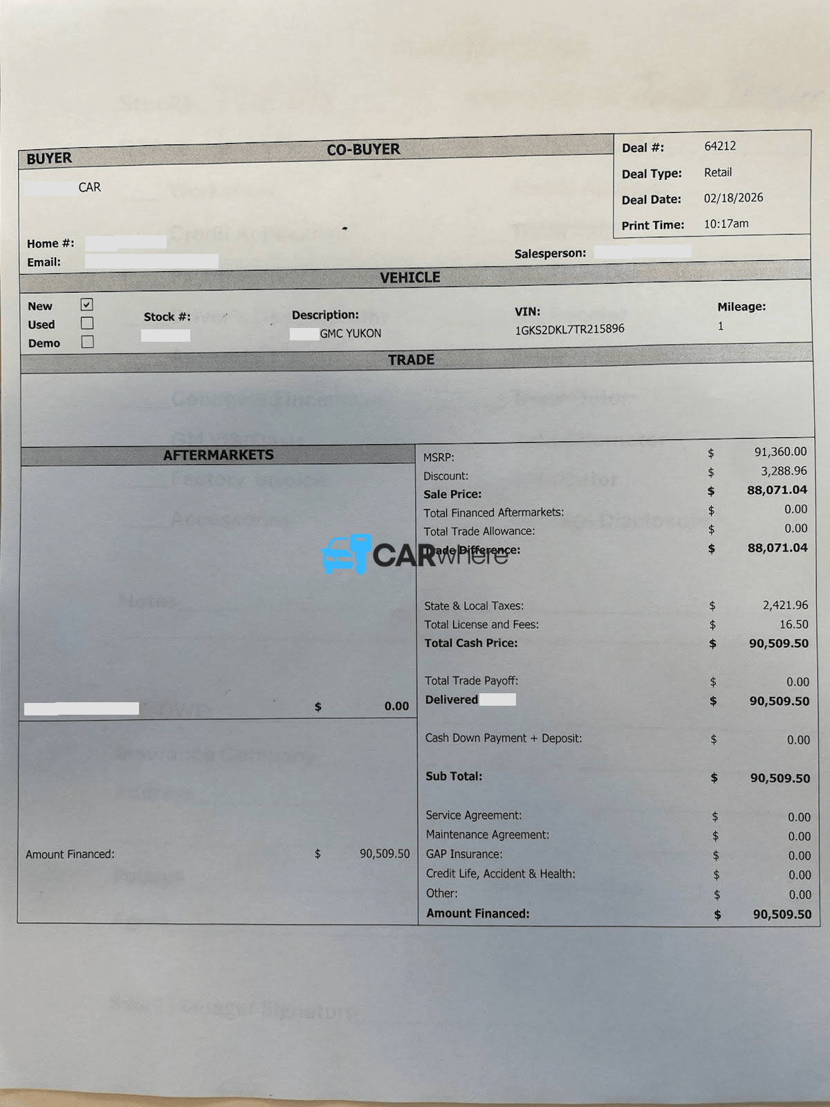 Redacted 2026 GMC Yukon Denali deal sheet from Devan Lowe Cadillac Buick GMC in Rainbow City, AL — what a verified buyer paid