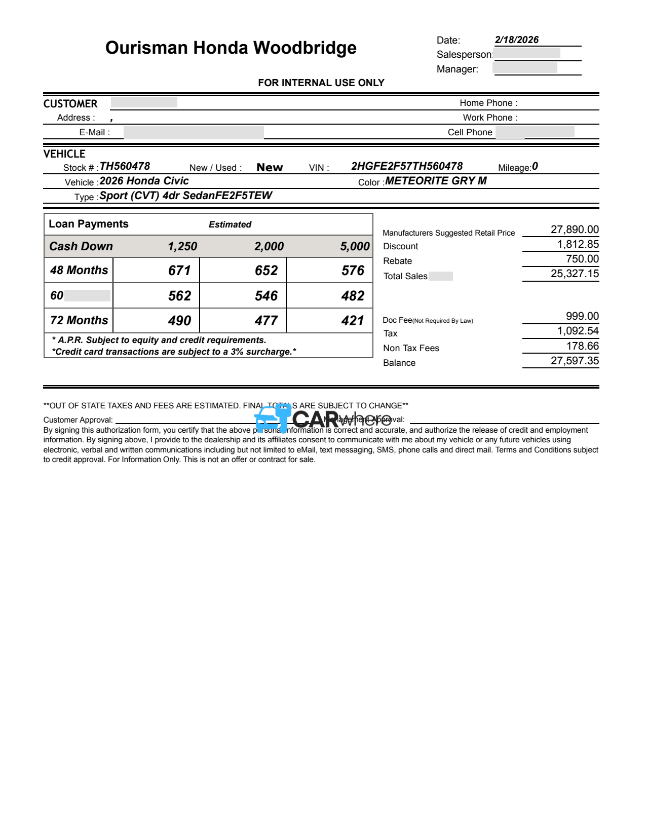 Redacted 2026 Honda Civic Sport (cvt) deal sheet from Ourisman Honda Woodbridge in Woodbridge, VA — what a verified buyer paid