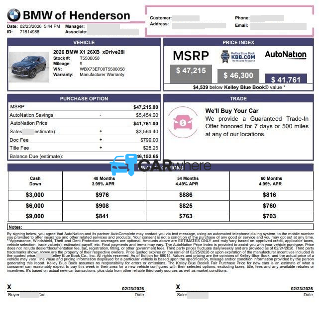 Redacted 2026 BMW X1 xDrive28i deal sheet from BMW of Henderson in Henderson, NV — what a verified buyer paid
