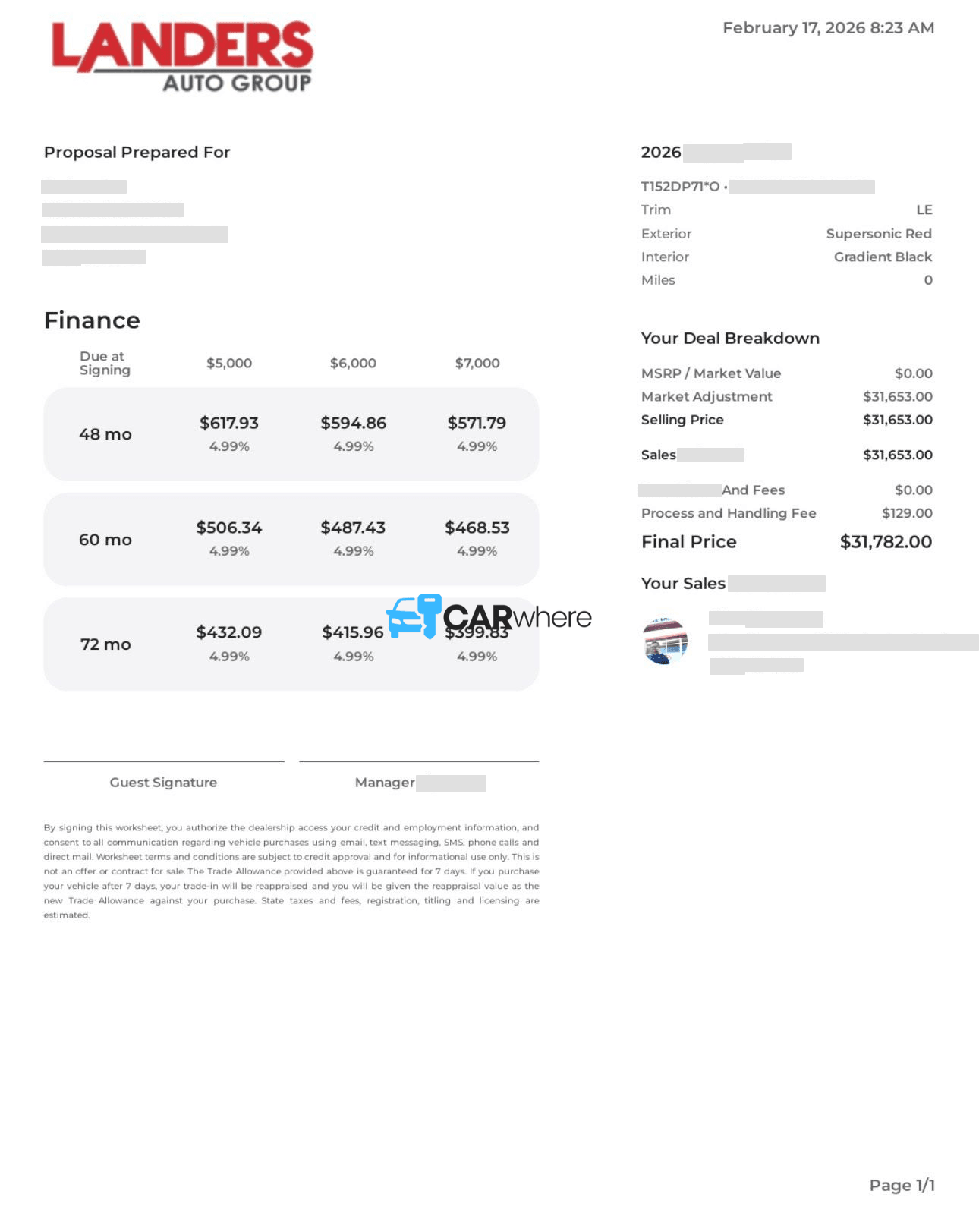 Redacted 2026 Toyota Prius LE deal sheet from Landers in Little Rock, AR — what a verified buyer paid