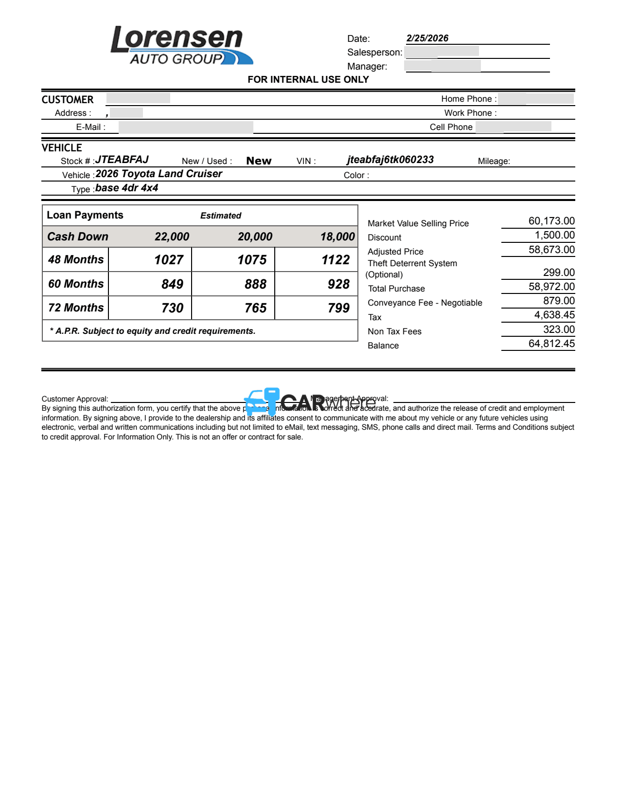 Redacted 2026 Toyota Land Cruiser Base deal sheet from Lorensen in Westbrook, CT — what a verified buyer paid