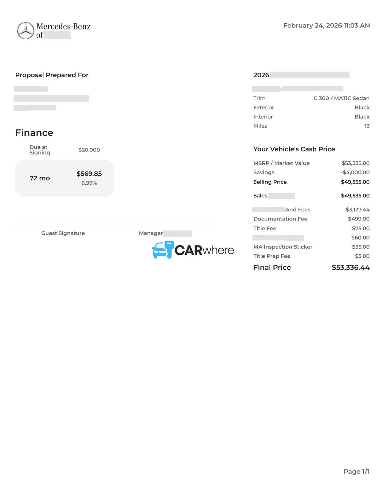Redacted 2026 Mercedes-Benz C-class C 300 4matic deal sheet from Mercedes-Benz of Boston in Boston, MA — what a verified buyer paid