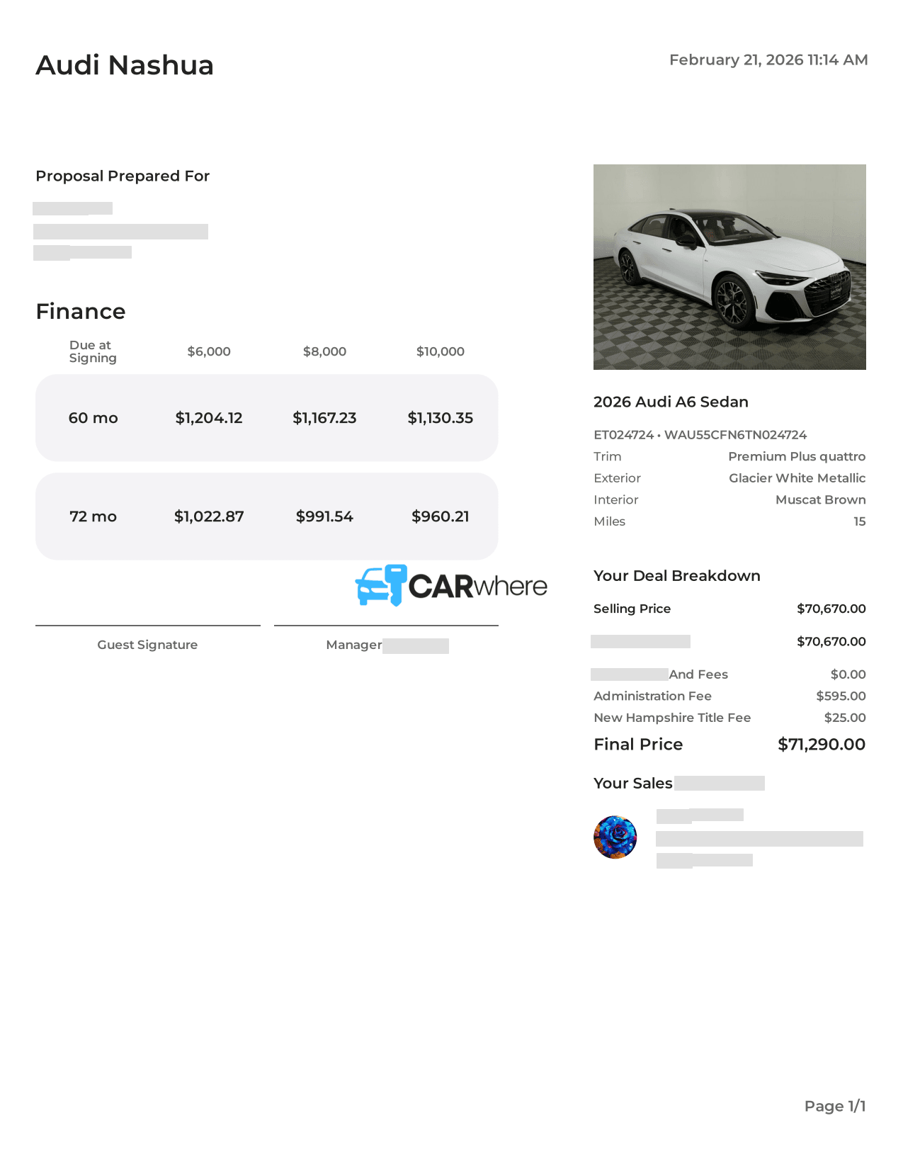 Redacted 2026 AUDI A6 Premium Plus Quattro deal sheet from Audi Nashua in Nashua, NH — what a verified buyer paid