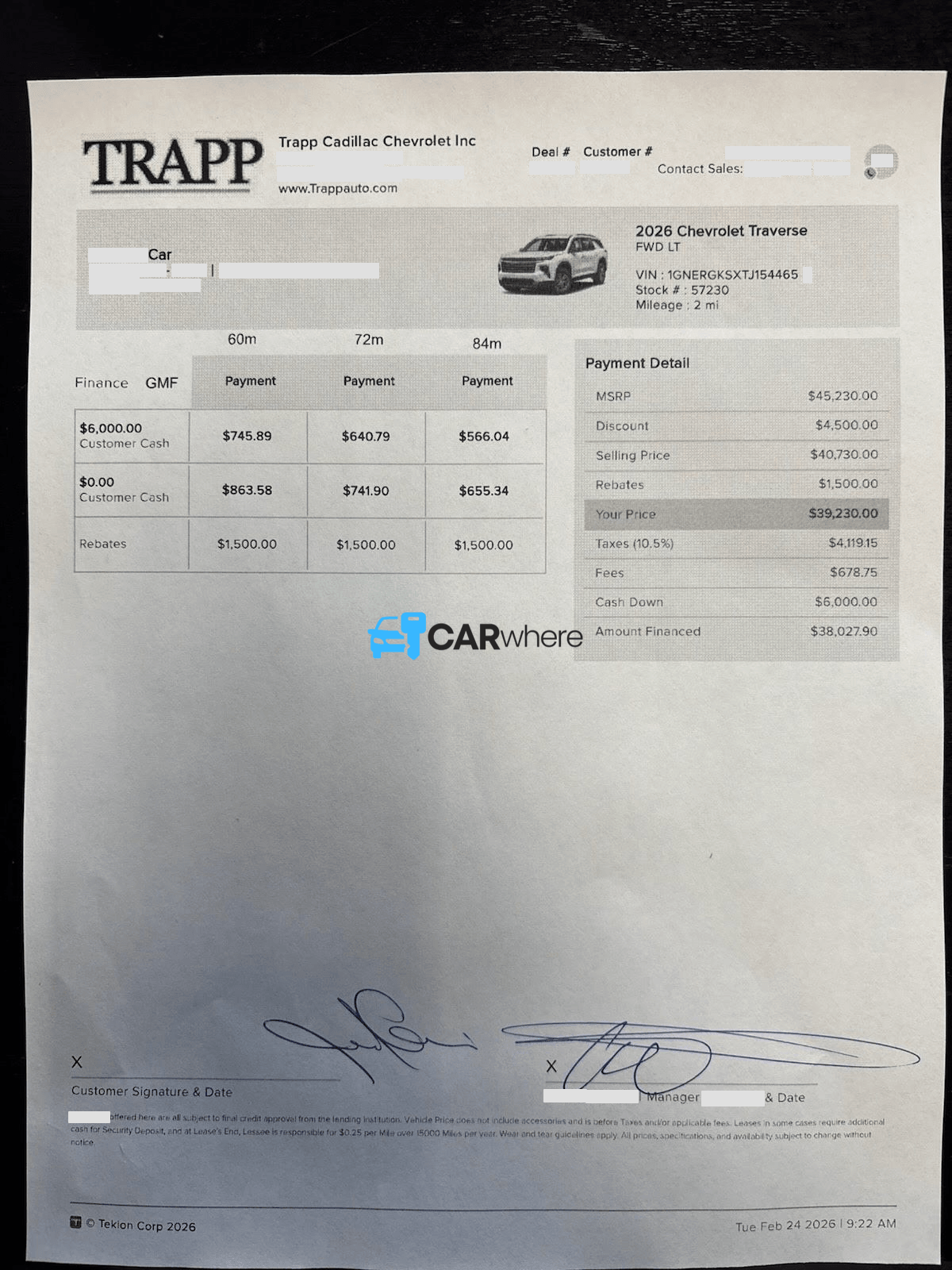 Redacted 2026 Chevrolet Traverse LT deal sheet from Trapp Cadillac Chevrolet in Houma, LA — what a verified buyer paid