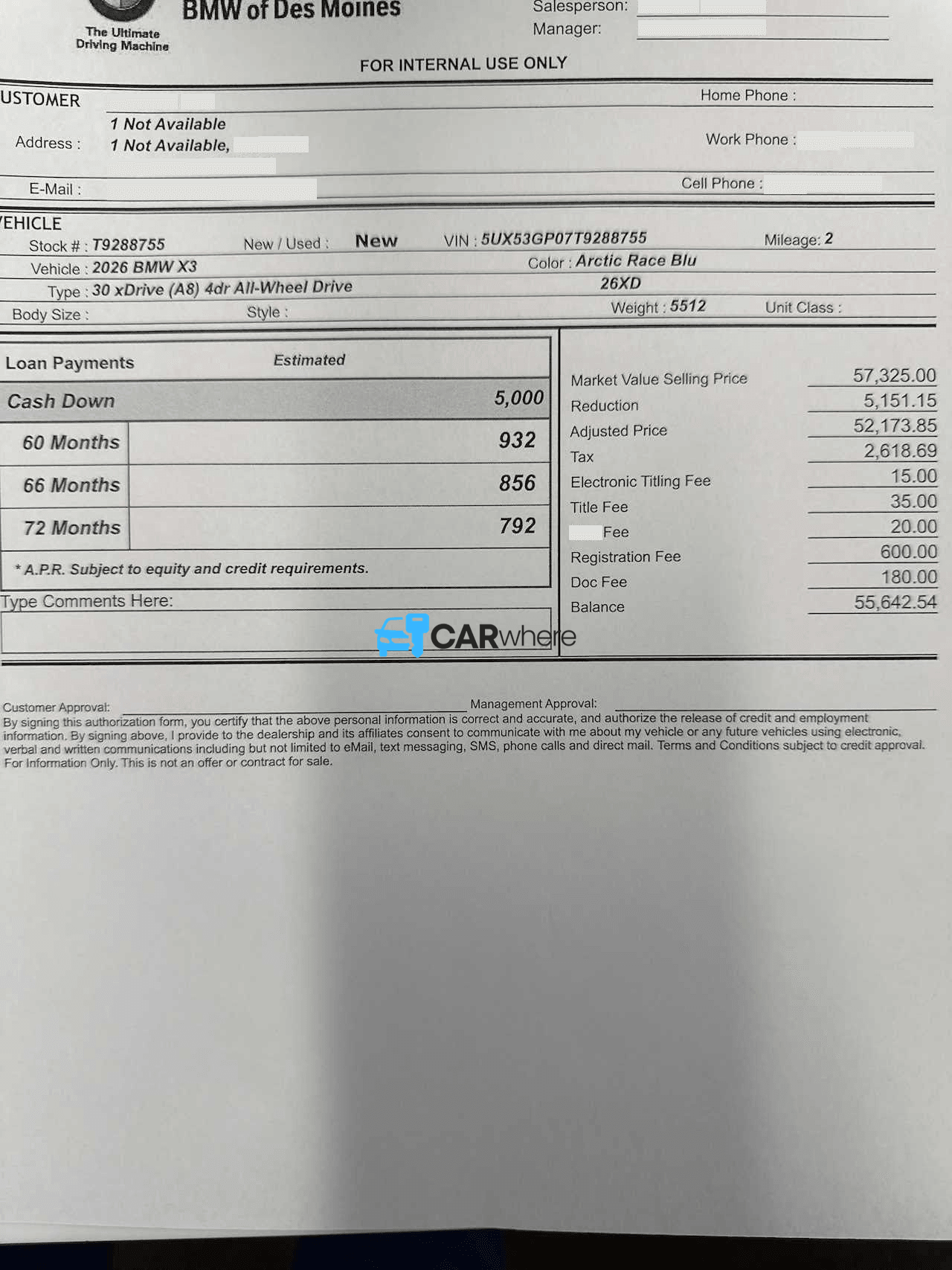 Redacted 2026 BMW X3 30 Xdrive (a8) All-wheel Drive deal sheet from BMW of Des Moines in Des Moines, IA — what a verified buyer paid