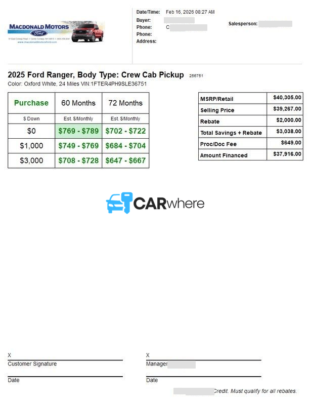 Redacted 2025 FORD Ranger Pickup deal sheet from Macdonald Motors Ford in Center Conway, NH — what a verified buyer paid