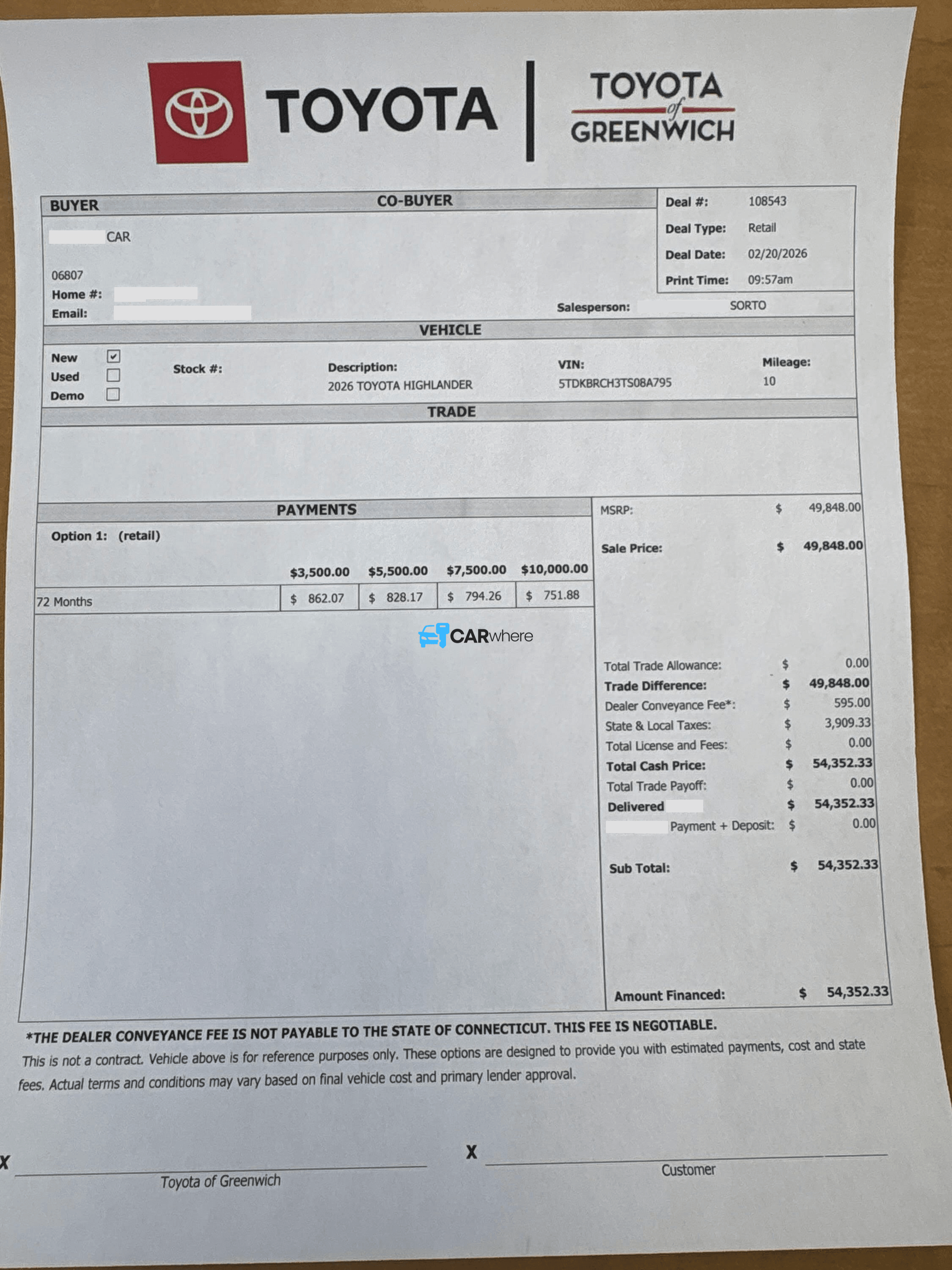 Redacted 2026 Toyota Highlander deal sheet from Toyota of Greenwich in Greenwich, CT — what a verified buyer paid