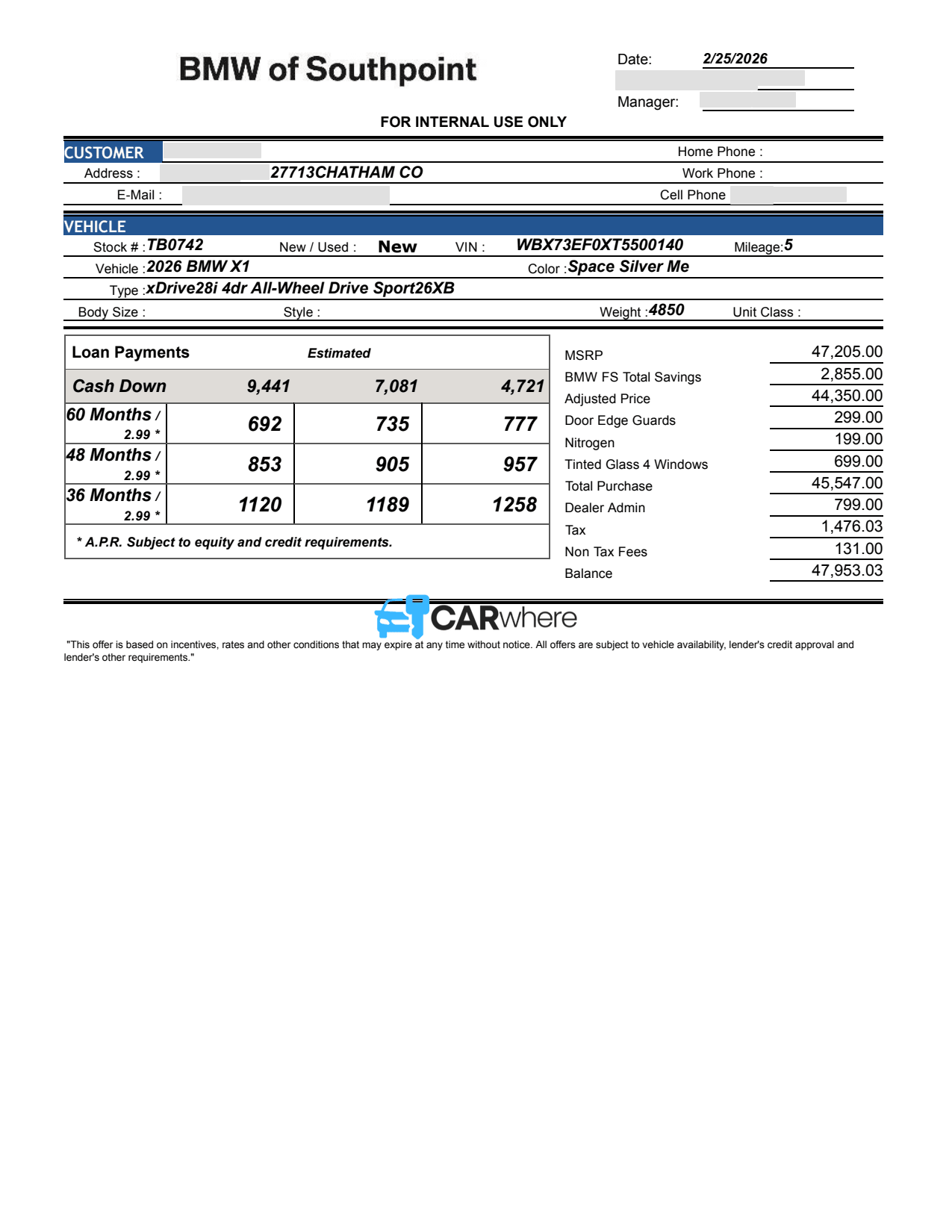 Redacted 2026 BMW X1 xDrive28i deal sheet from BMW of Southpoint in Durham, NC — what a verified buyer paid