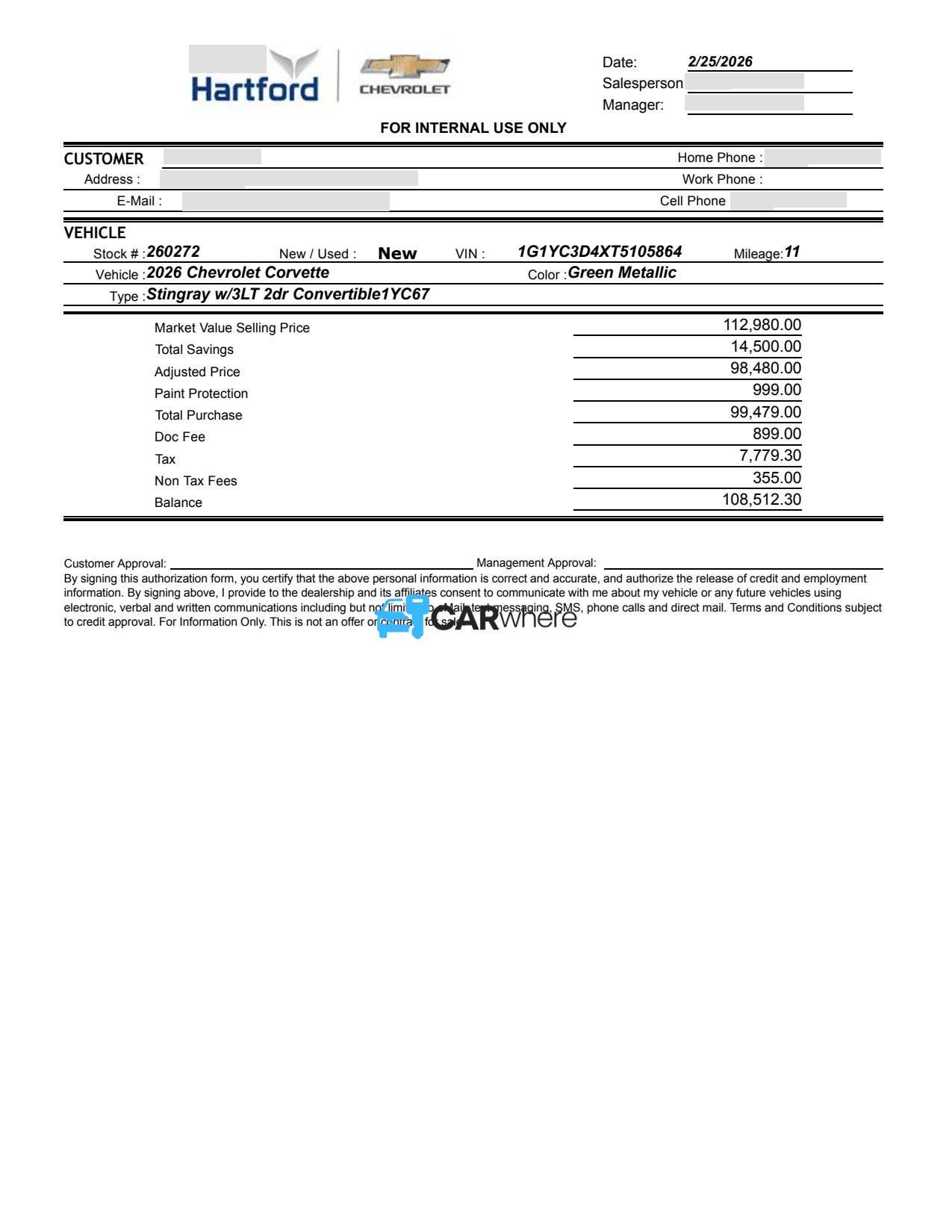 Redacted 2026 Chevrolet Corvette deal sheet from East Hartford Chevrolet in East Hartford, CT — what a verified buyer paid