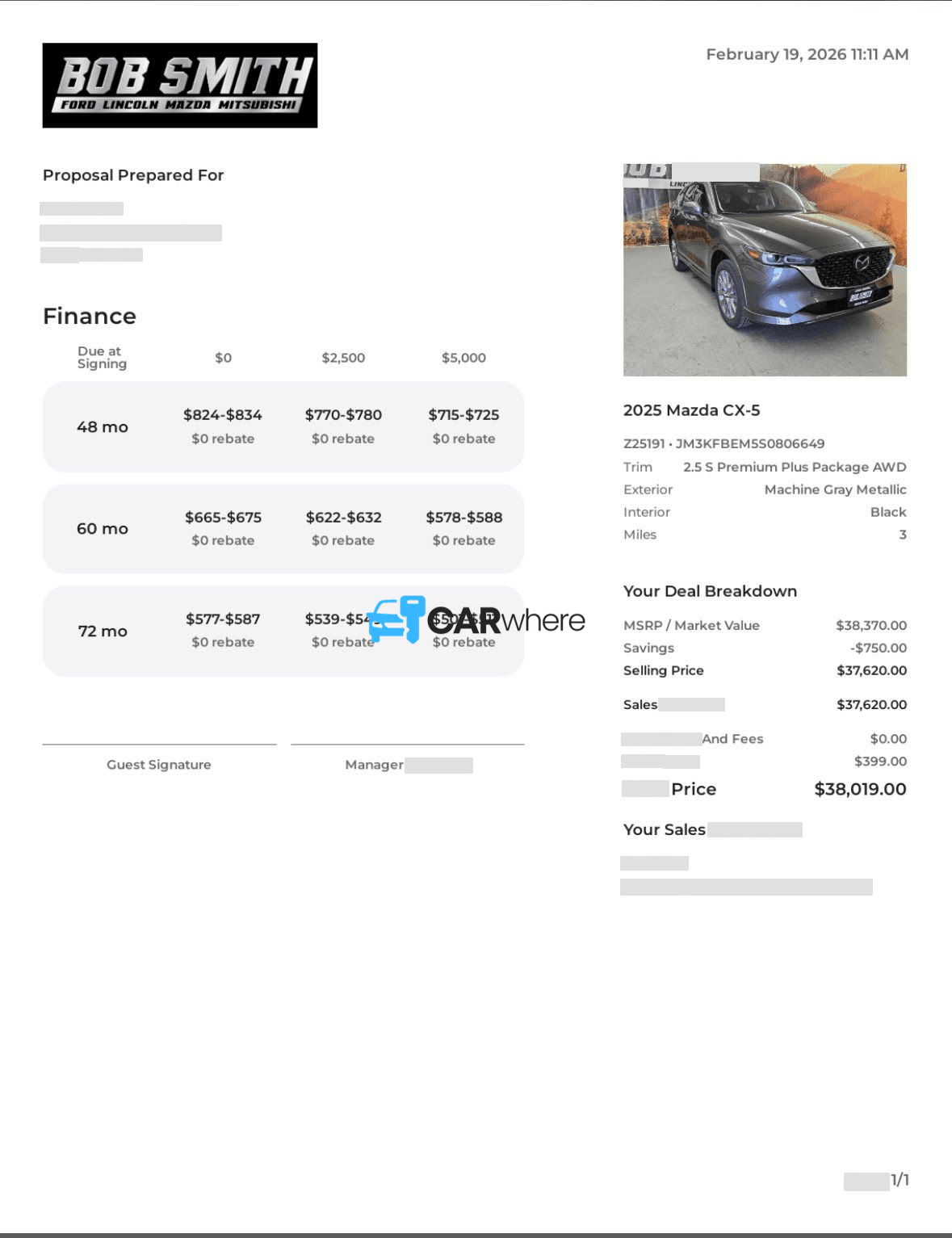 Redacted 2025 Mazda CX-5 2.5 S Premium Plus Package AWD deal sheet from Bob Smith Ford Lincoln Mazda Mitsubishi in Billings, MT — what a verified buyer paid