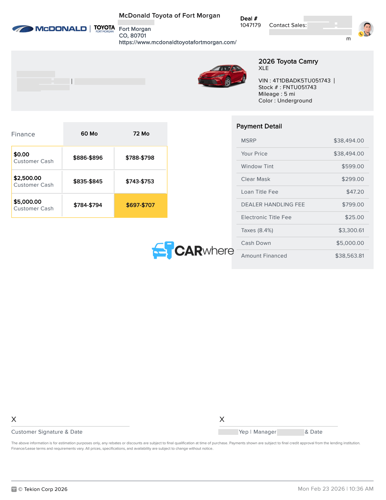 Redacted 2026 Toyota Camry XLE deal sheet from Mcdonald Toyota of Fort Morgan in Fort Morgan, CO — what a verified buyer paid