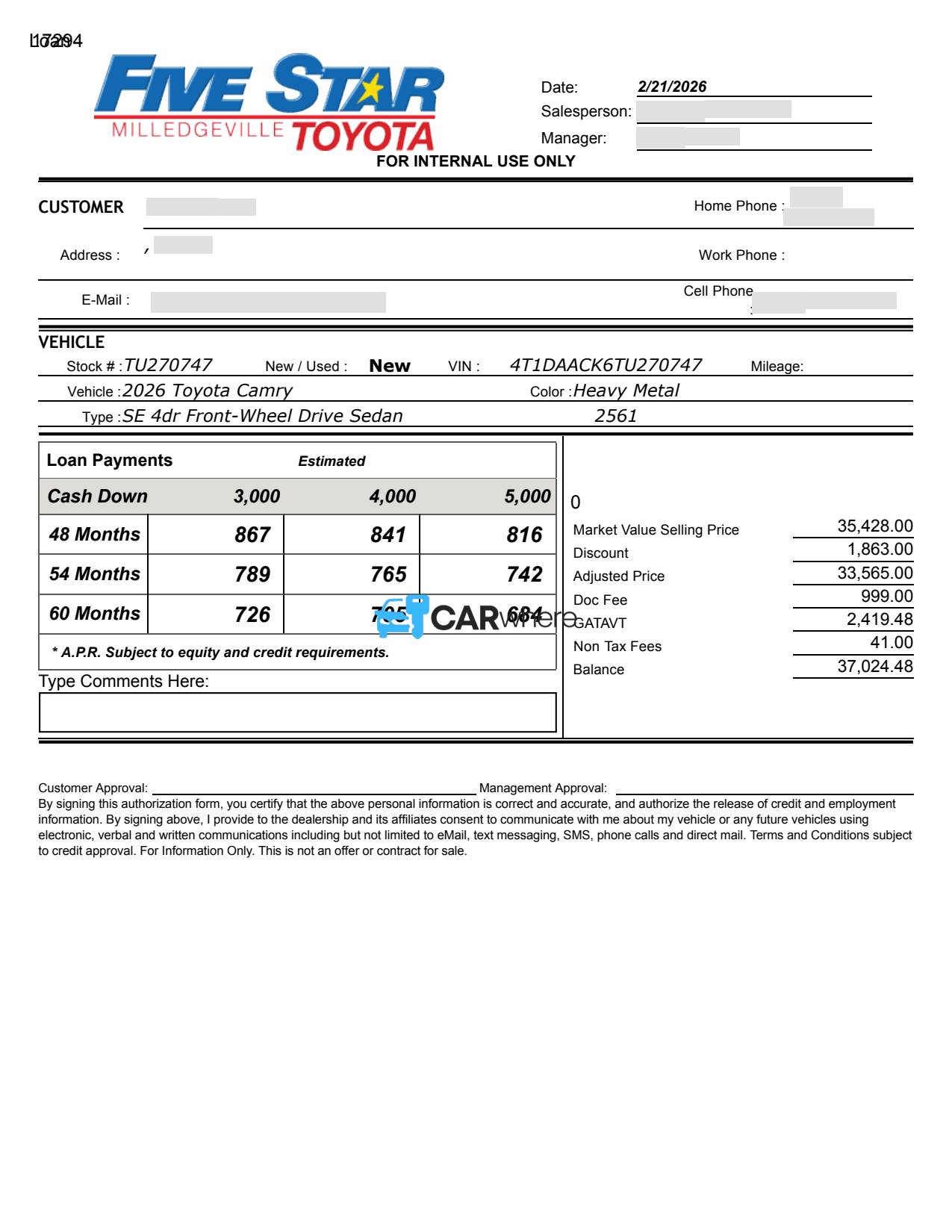 Redacted 2026 Toyota Camry SE Front-wheel Drive deal sheet from Five Star Milledgeville Toyota in Milledgeville, GA — what a verified buyer paid