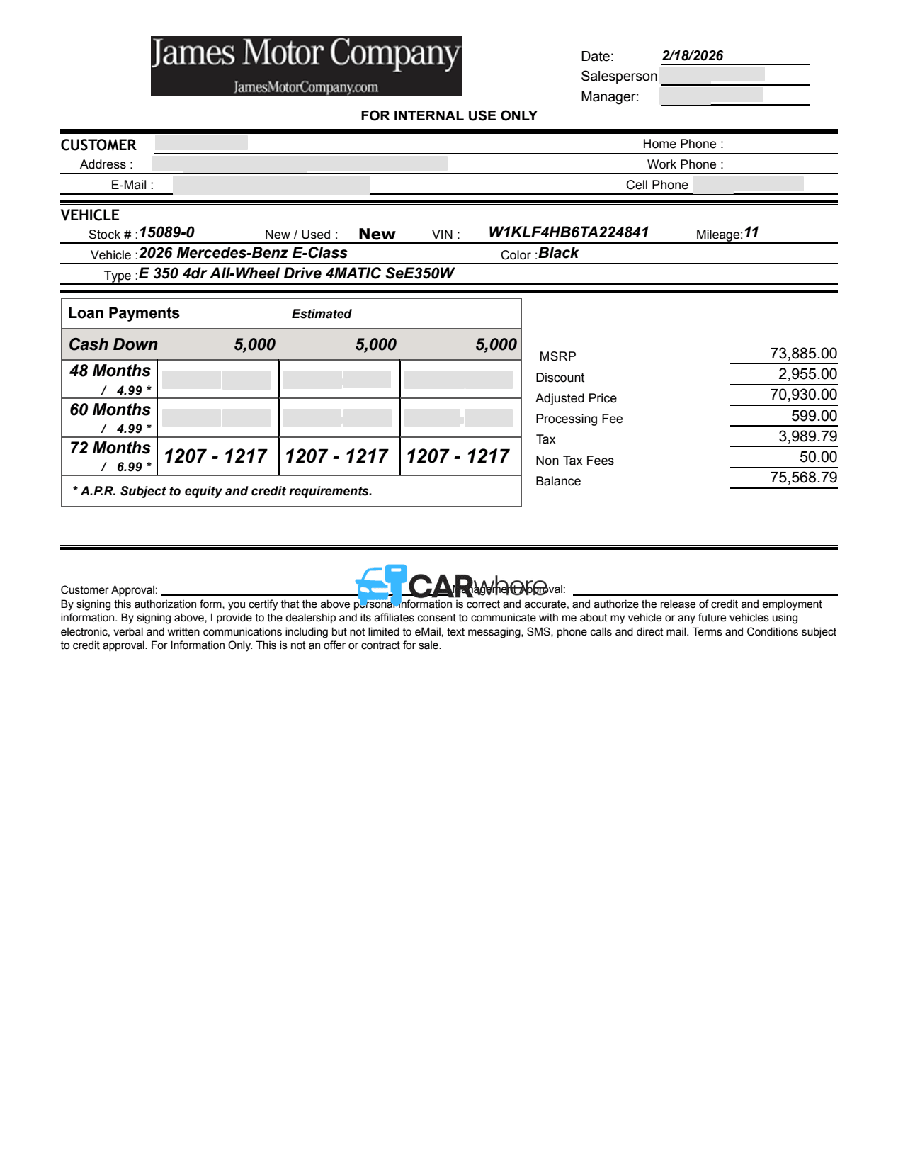 Redacted 2026 Mercedes-Benz E-class E 350 All-wheel Drive 4matic SE350W deal sheet from James Motor in Lexington, KY — what a verified buyer paid