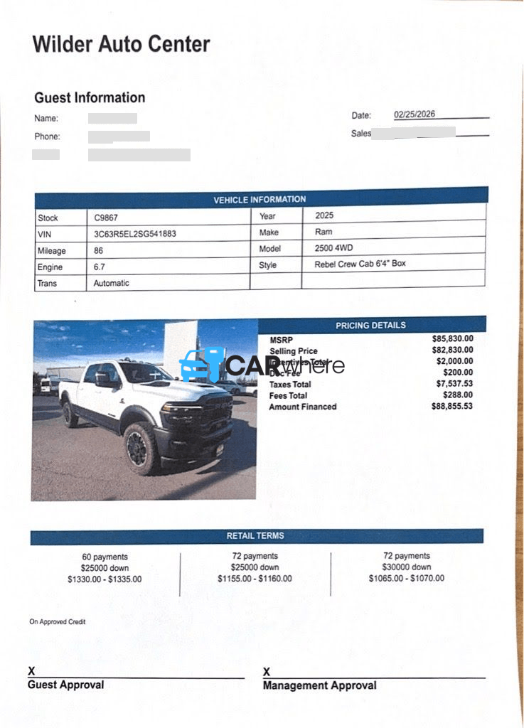 Redacted 2025 RAM 2500 4Wd Rebel 6'4" Box deal sheet from Wilder Auto Center in Port Angeles, WA — what a verified buyer paid