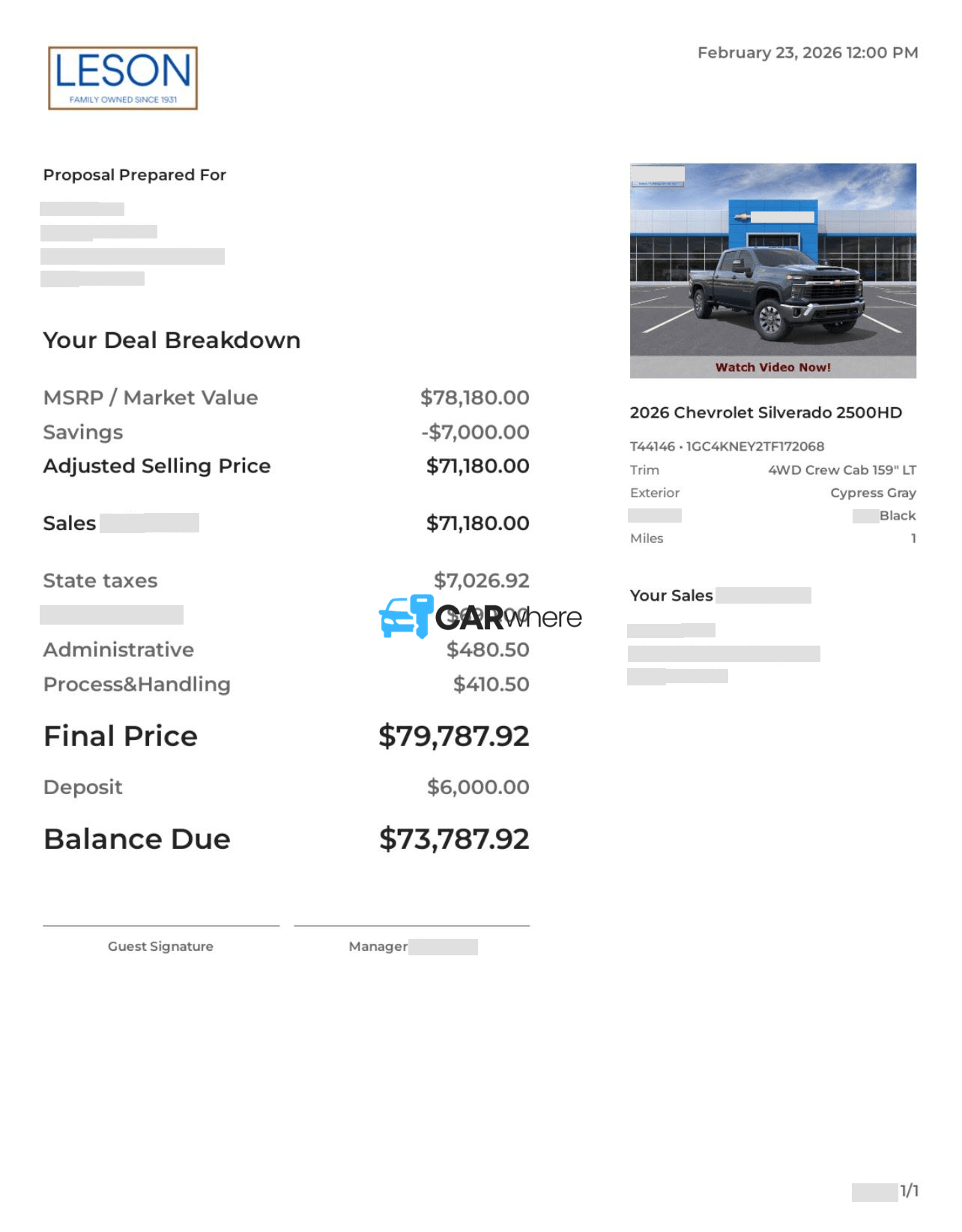 Redacted 2026 Chevrolet Silverado 2500HD 4WD 159" LT deal sheet from Leson Chevrolet in Harvey, LA — what a verified buyer paid