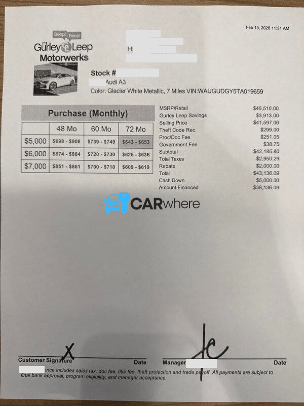 Redacted 2026 AUDI A3 deal sheet from Gurley Leep Motorwerks in Mishawaka, IN — what a verified buyer paid