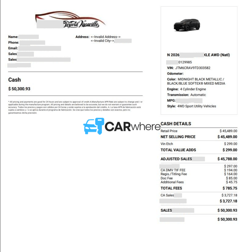 Redacted 2026 Toyota RAV4 XLE AWD (natl) deal sheet from Ammaar's Toyota Vacaville in Vacaville, CA — what a verified buyer paid