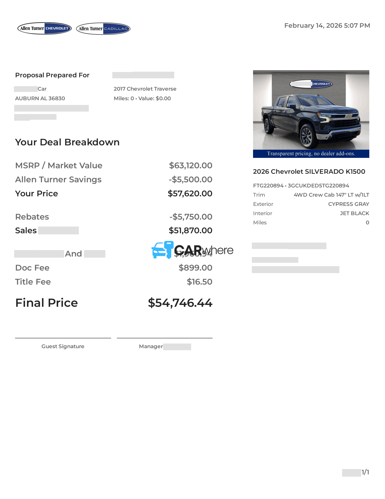 Redacted 2026 Chevrolet Silverado K1500 4WD 147" LT deal sheet from Allen Turner Chevrolet in Auburn, AL — what a verified buyer paid