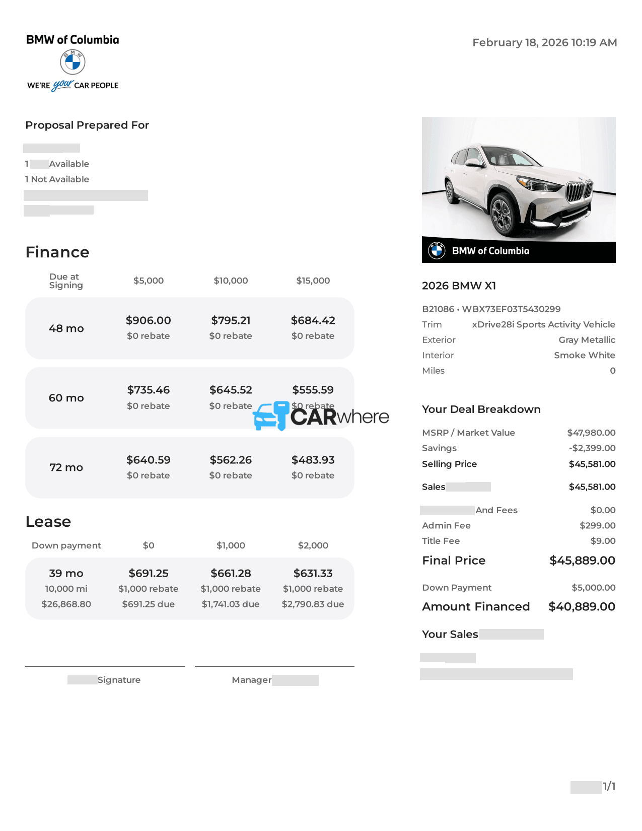 Redacted 2026 BMW X1 Sports Activity Vehicle deal sheet from BMW of Columbia in Columbia, SC — what a verified buyer paid