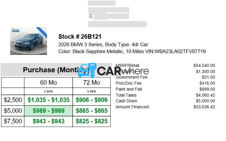 Redacted 2026 BMW 3 Series 330i xDrive deal sheet from BMW of Dayton/evans Motorworks in Dayton, OH — what a verified buyer paid