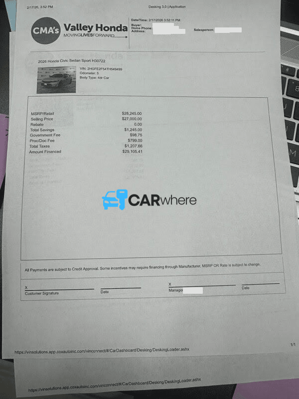 Redacted 2026 Honda Civic Sport deal sheet from Cma's Valley Honda in Staunton, VA — what a verified buyer paid