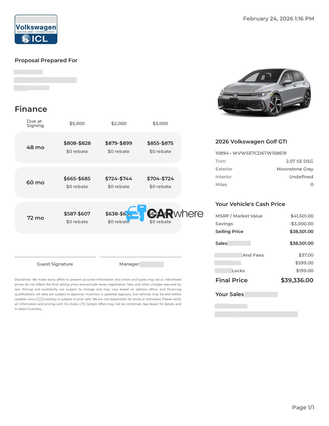 Redacted 2026 Volkswagen Golf Gti 2.0t SE Dsg deal sheet from Portsmouth Volkswagen in Greenland, NH — what a verified buyer paid