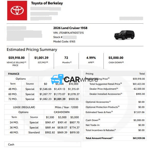 Redacted 2026 Toyota Land Cruiser deal sheet from Toyota of Berkeley in Berkeley, CA — what a verified buyer paid