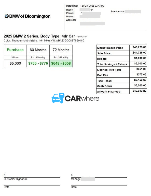 Redacted 2025 BMW 2 Series deal sheet from BMW of Bloomington in Bloomington, IL — what a verified buyer paid