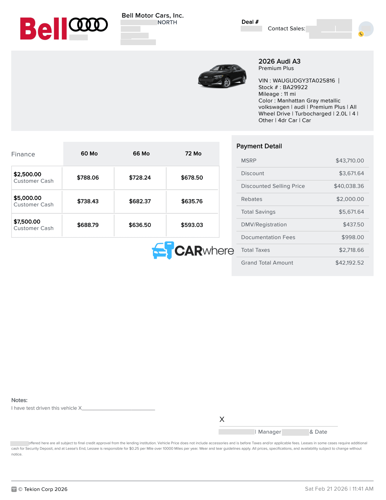 Redacted 2026 AUDI A3 Premium Plus deal sheet from Bell Motor Cars, in Edison, NJ — what a verified buyer paid