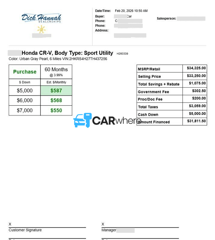 Redacted 2026 Honda CR-V Sport Utility deal sheet from Dick Hannah Dealerships in Vancouver, WA — what a verified buyer paid