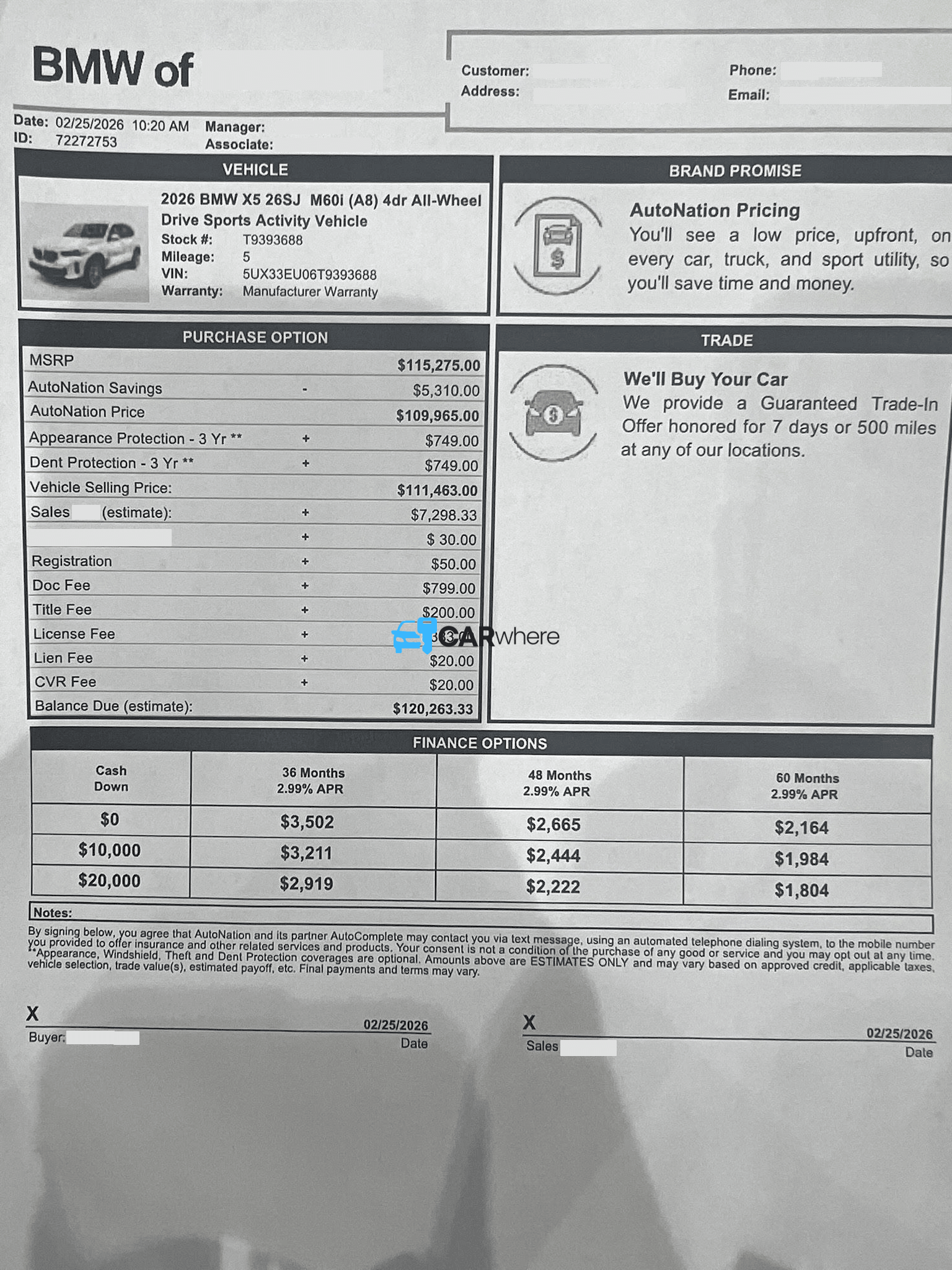 Redacted 2026 BMW X5 M60i deal sheet from BMW of Rockville in Rockville, MD — what a verified buyer paid
