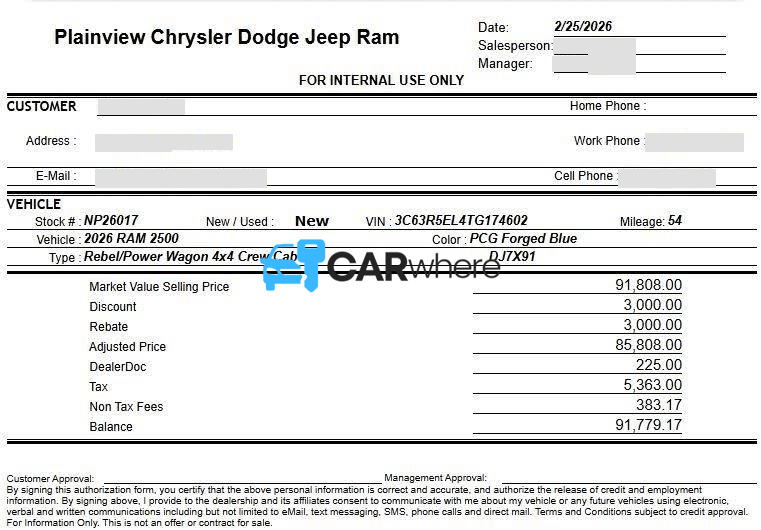 Redacted 2026 RAM 2500 Rebel/power 6.3 deal sheet from Plainview Chrysler Dodge Jeep RAM in Panhandle, TX — what a verified buyer paid