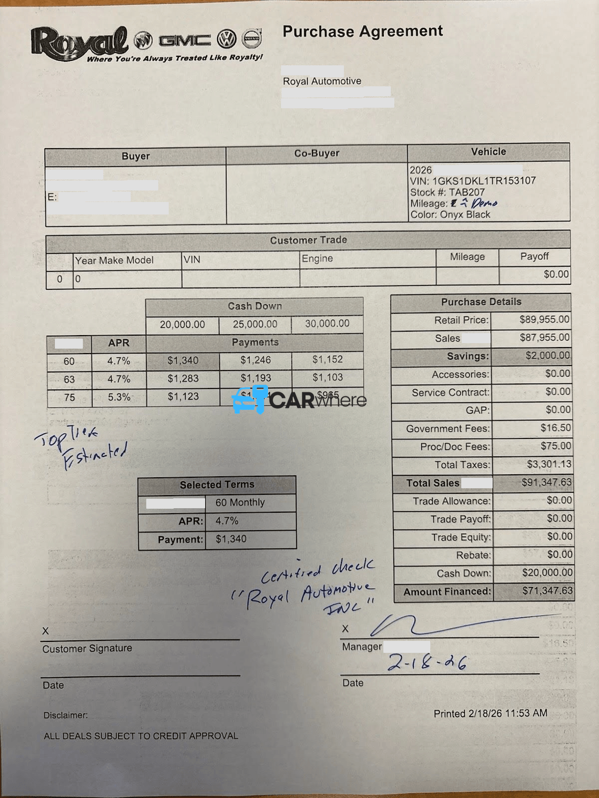 Redacted 2026 GMC Yukon Denali deal sheet from Royal in Birmingham, AL — what a verified buyer paid