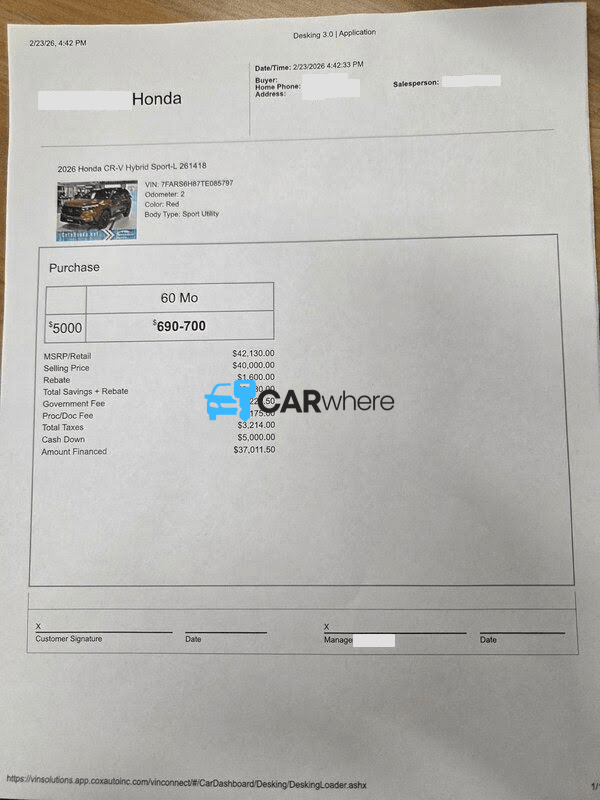 Redacted 2026 Honda CR-V Hybrid Sport-l deal sheet from Rensselaer Honda in Troy, NY — what a verified buyer paid