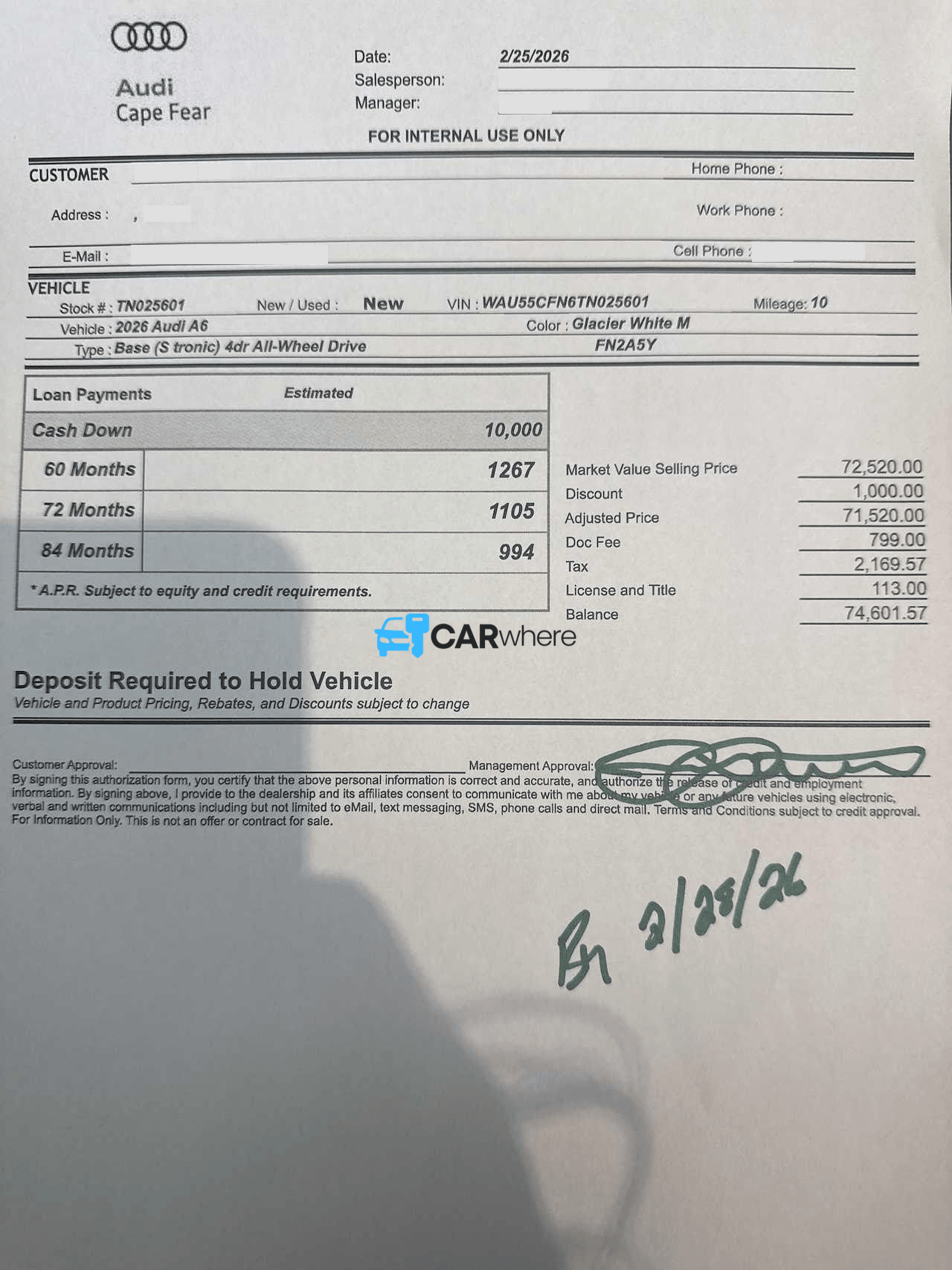 Redacted 2026 AUDI A6 Base (s Tronic) deal sheet from Audi Cape Fear in Wilmington, NC — what a verified buyer paid