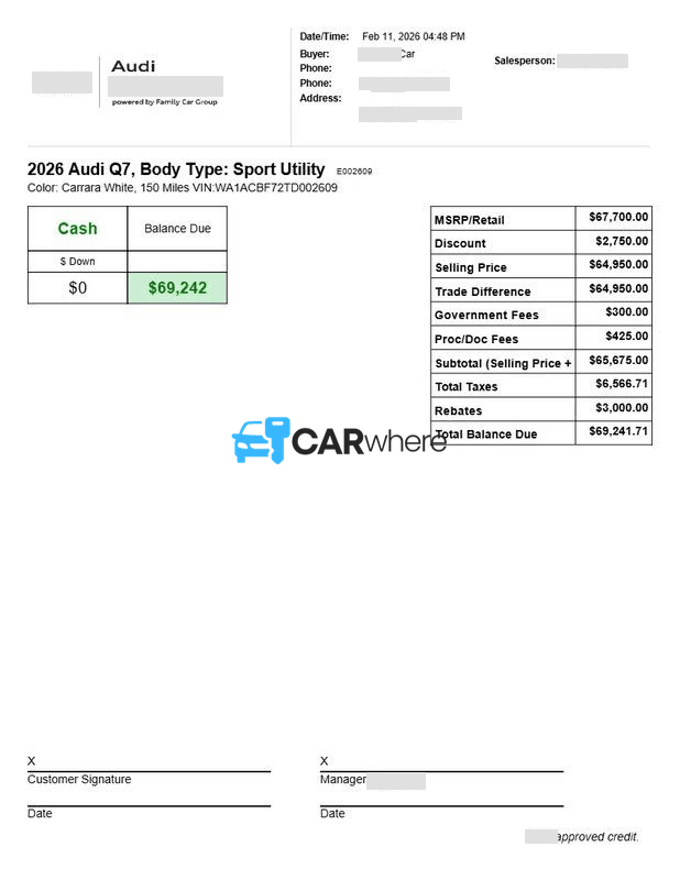 Redacted 2026 AUDI Q7 Sport Utility deal sheet from Audi Shreveport in Shreveport, LA — what a verified buyer paid
