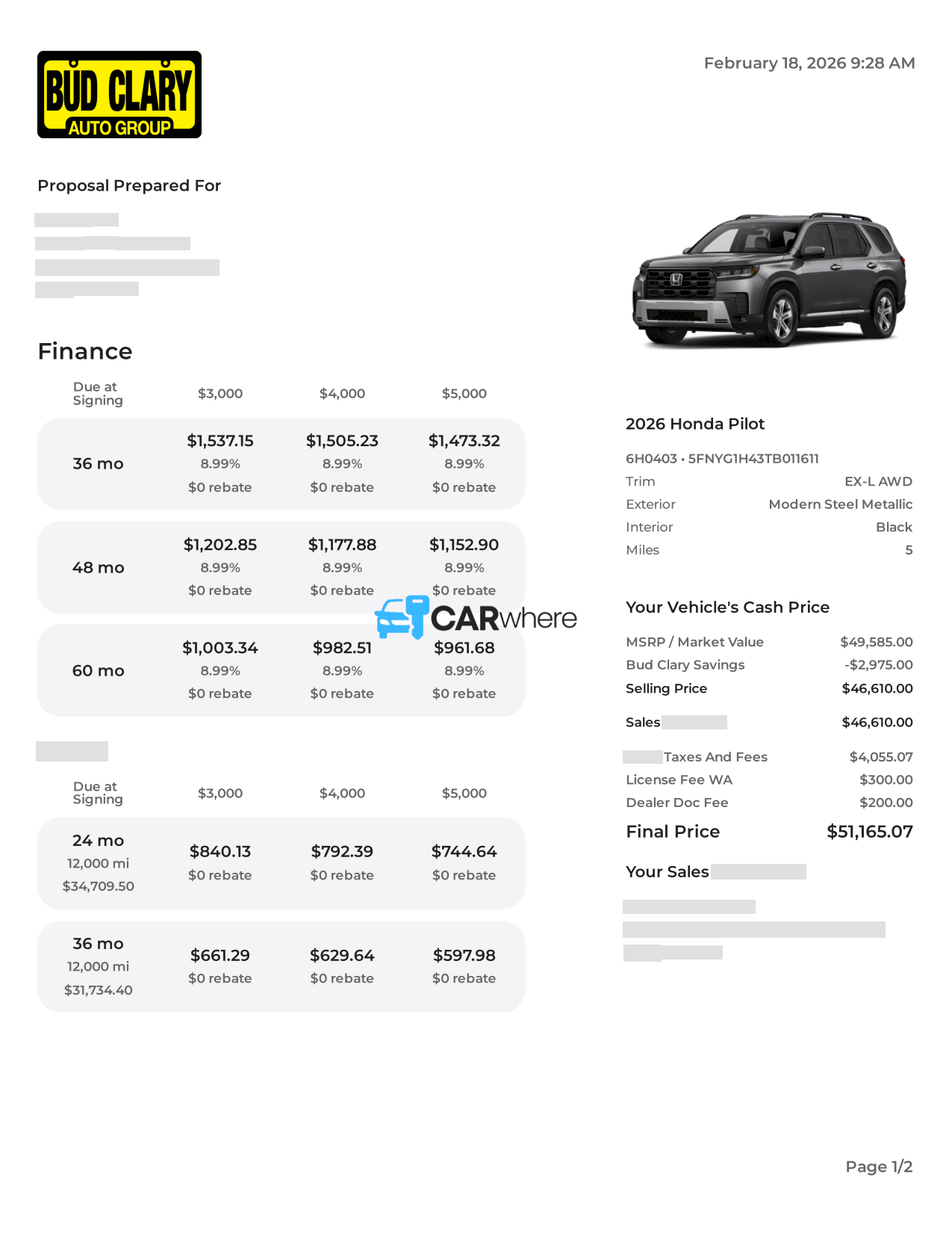 Redacted 2026 Honda Pilot EX-L AWD deal sheet from Bud Clary in Moses Lake, WA — what a verified buyer paid