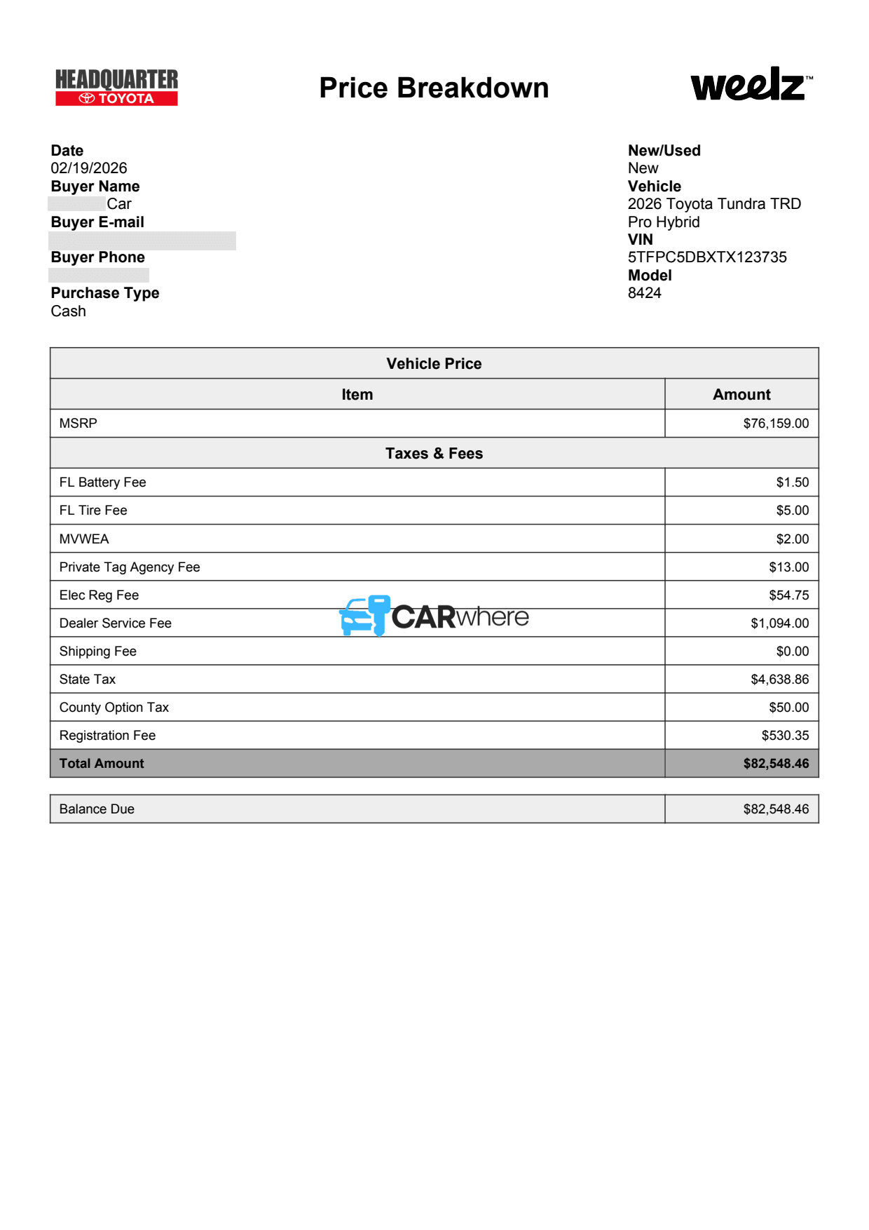 Redacted 2026 Toyota Tundra TRD Pro Hybrid deal sheet from Headquarter Toyota in Hialeah, FL — what a verified buyer paid