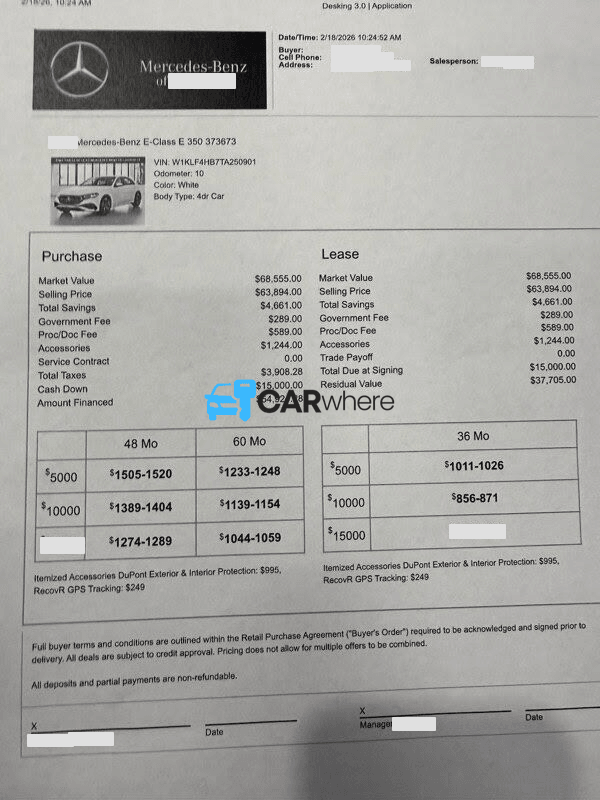 Redacted 2026 Mercedes-Benz E-class E 350 deal sheet from Mercedes Benz of Louisville in Louisville, KY — what a verified buyer paid