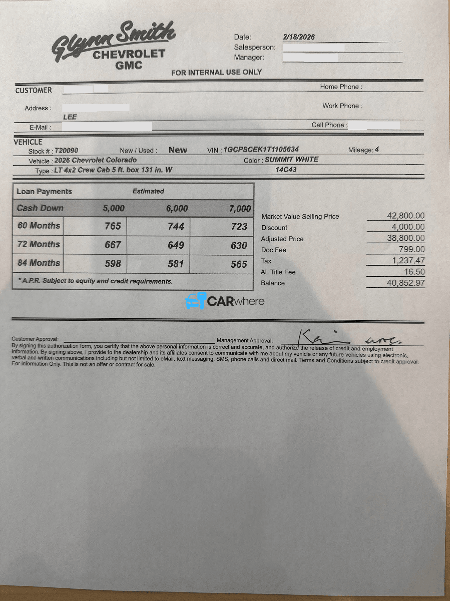 Redacted 2026 Chevrolet Colorado LT 4x2 5 Ft. Box 131 In. W deal sheet from Glynn Smith Chevrolet GMC in Opelika, AL — what a verified buyer paid