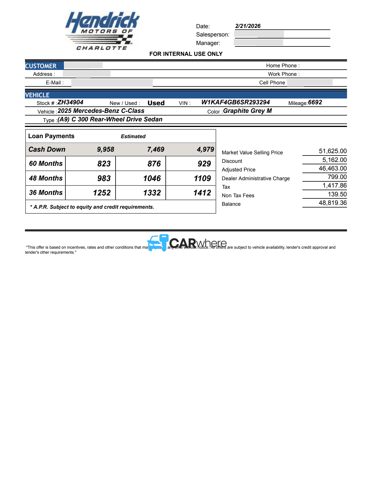Redacted 2025 Mercedes-Benz C-class C 300 Rear-wheel Drive deal sheet from Hendrick Motors of Charlotte in Charlotte, NC — what a verified buyer paid