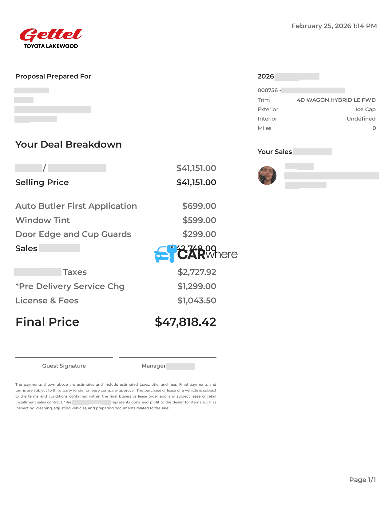 Redacted 2026 Toyota RAV4 Hybrid LE FWD deal sheet from Gettel Toyota Lakewood in Bradenton, FL — what a verified buyer paid